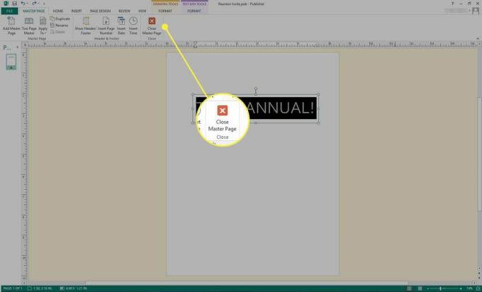 Снимок экрана Microsoft Publisher с выделенной кнопкой «Закрыть главную страницу»