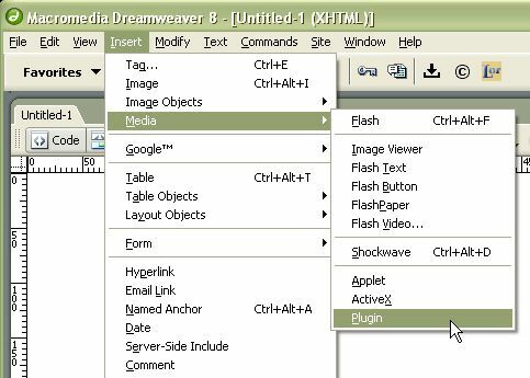 Снимок экрана, показывающий, как вставить медиа-плагин Dreamweaver