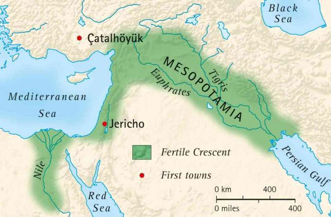 Карта плодородного полумесяца Месопотамии и Египта и расположение первых городов