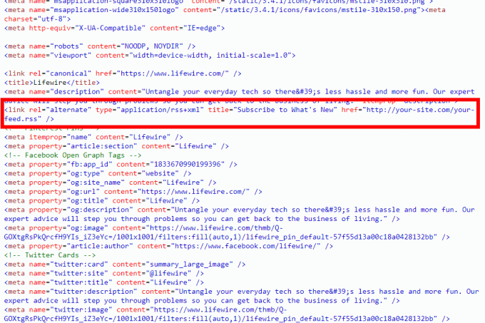 Скриншот источника страницы веб-сайта с включенной RSS-ссылкой