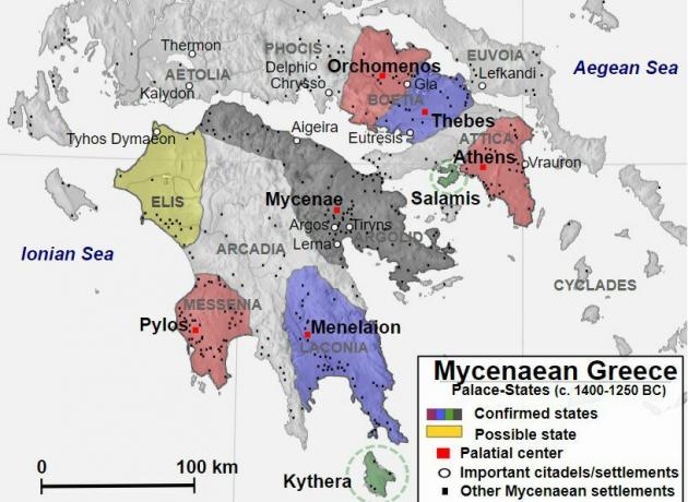 Карта с изображением микенской Греции с 1400 по 1250 гг. До н.э.