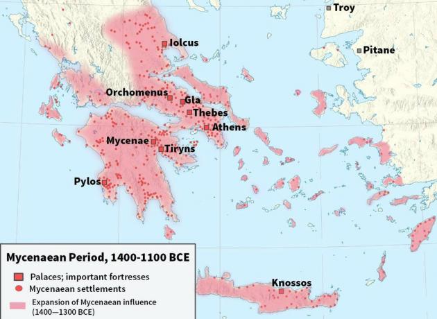 Карта, изображающая микенскую цивилизацию в 1400–1100 гг. До н.э.