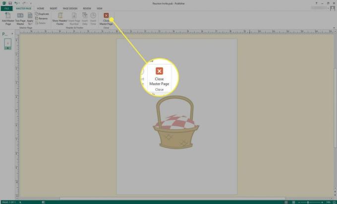 Снимок экрана Microsoft Publisher с выделенной кнопкой Close Master Page