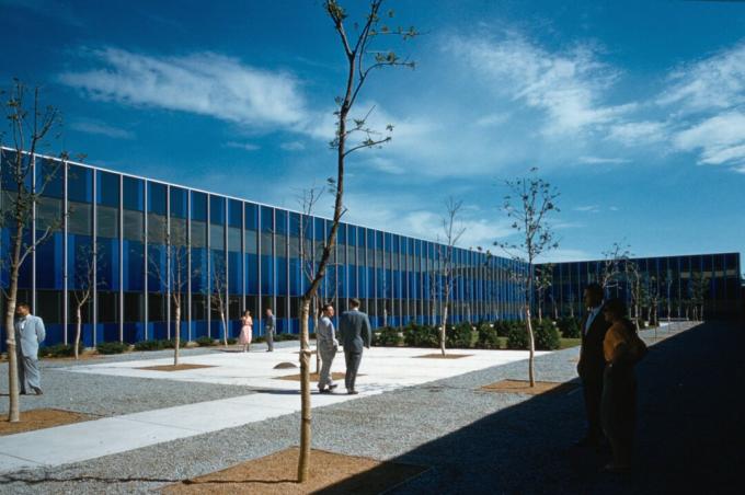 окрашенные в синий цвет окна Eero Saarinen-Designed Center IBM, Рочестер, Миннесота, ок. 1957