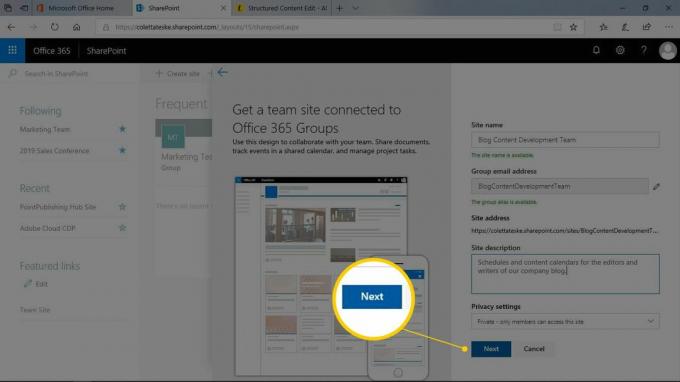 Кнопка "Далее" на панели описания сайта на Sharepoint.